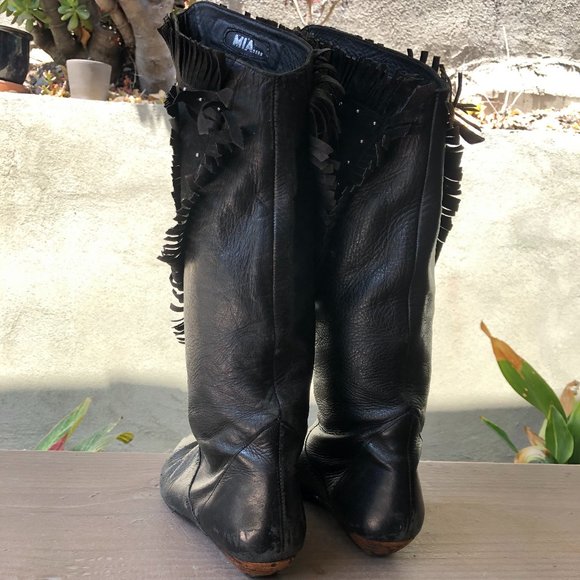 Vintage Black Leather Fringe Cowboy Boots - Picture 3 of 6